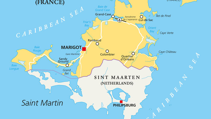 Saint Martin är sedan år 1648 delad i en fransk och en nederländsk del. Den internationella flygplatsen Princess Juliana Airport ligger vid staden Philipsburg på den nederländska sidan.