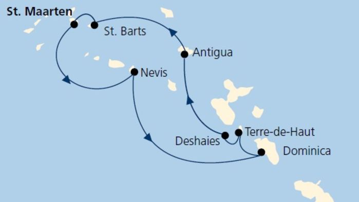 Rutten går från Saint Martin-Nevis-Dominica-Îles des Saintes-Guadeloupe-Antiga-Saint Barthélemy-Saint Martin.