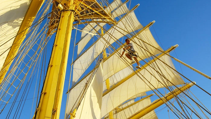 På Star Flyer kan man känna vinden fylla seglen, delta i segelhissning och navigation med fartygets kapten. De djärva klättrar upp i någon av masterna eller kopplar av i nätet längst fram i fören.