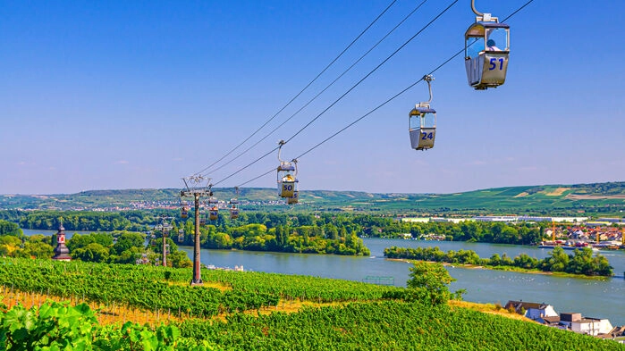 På en tur med linbanan får man en härlig utsikt över den gamla stadsdelen med Rhen och de gröna bergen i fjärran.
